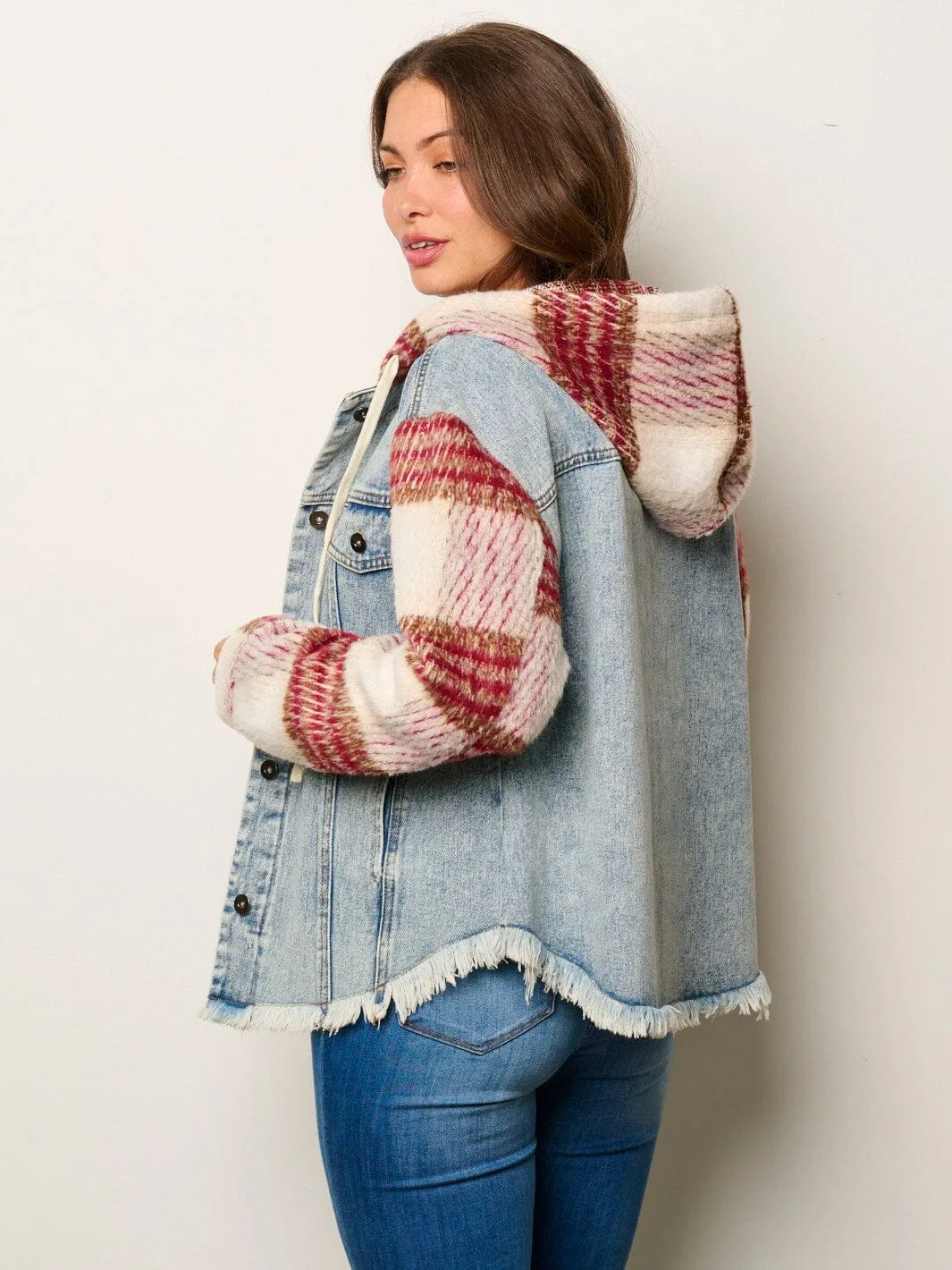 WOMEN'S LONG SLEEVE BUTTON UP POCKETS SHERPA DENIM HOODED JACKET