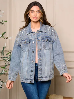 WOMEN'S LONG SLEEVE POCKETS BUTTON CLOSURE STUDS DENIM JACKET