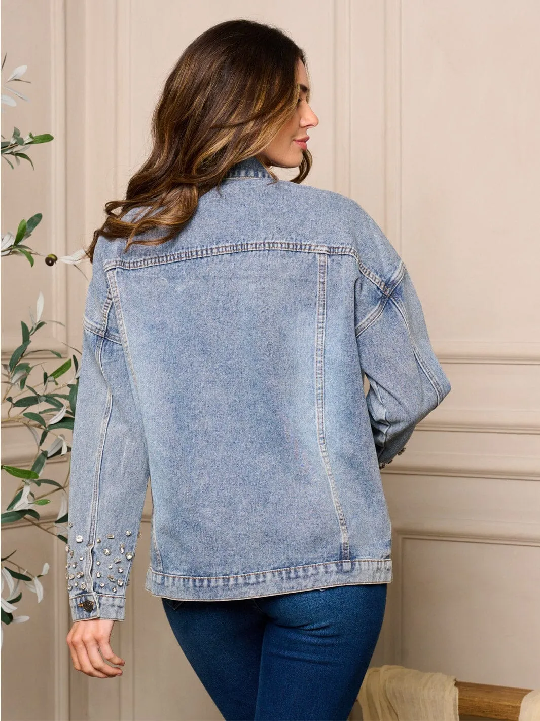 WOMEN'S LONG SLEEVE POCKETS BUTTON CLOSURE STUDS DENIM JACKET