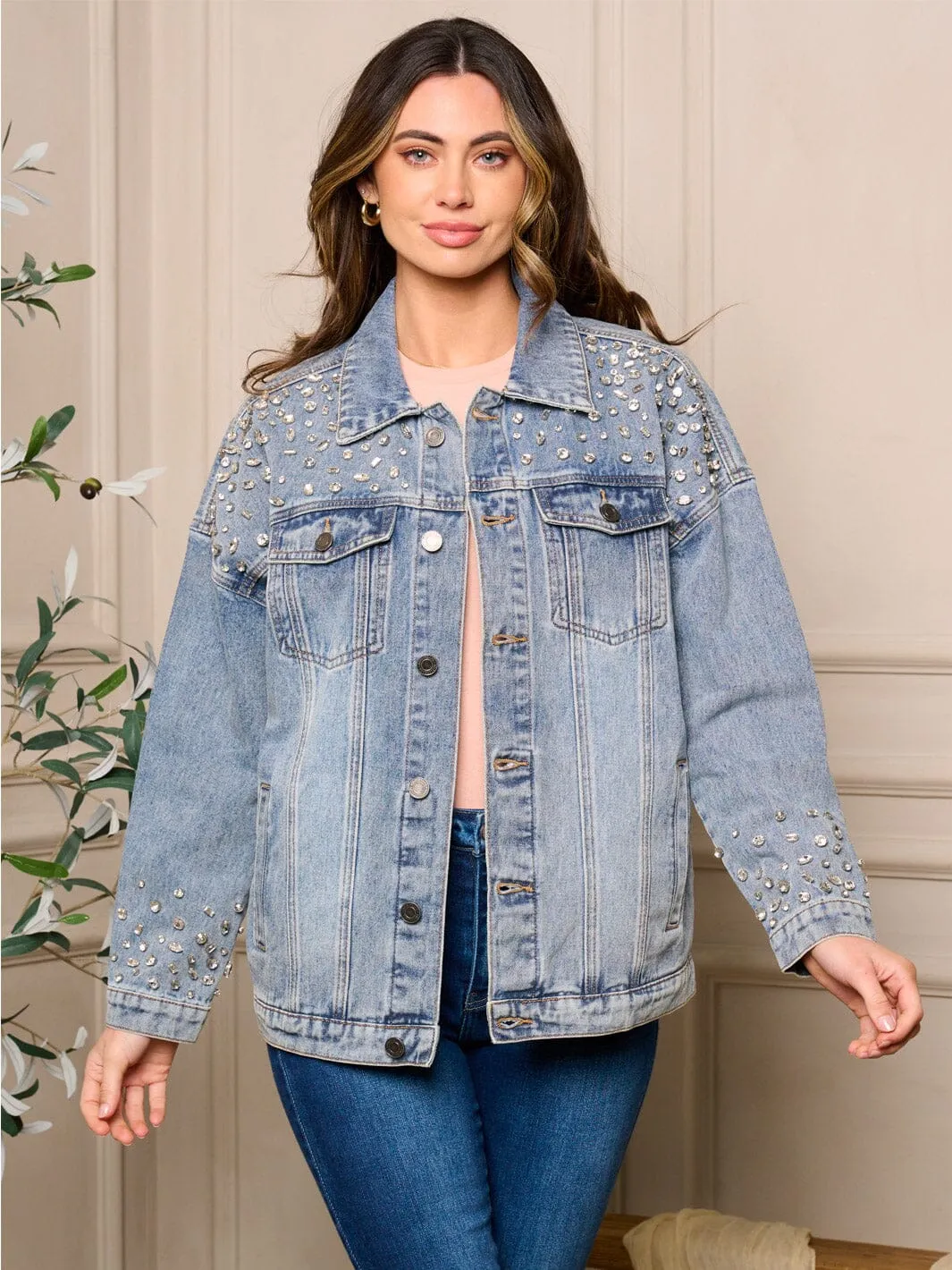 WOMEN'S LONG SLEEVE POCKETS BUTTON CLOSURE STUDS DENIM JACKET