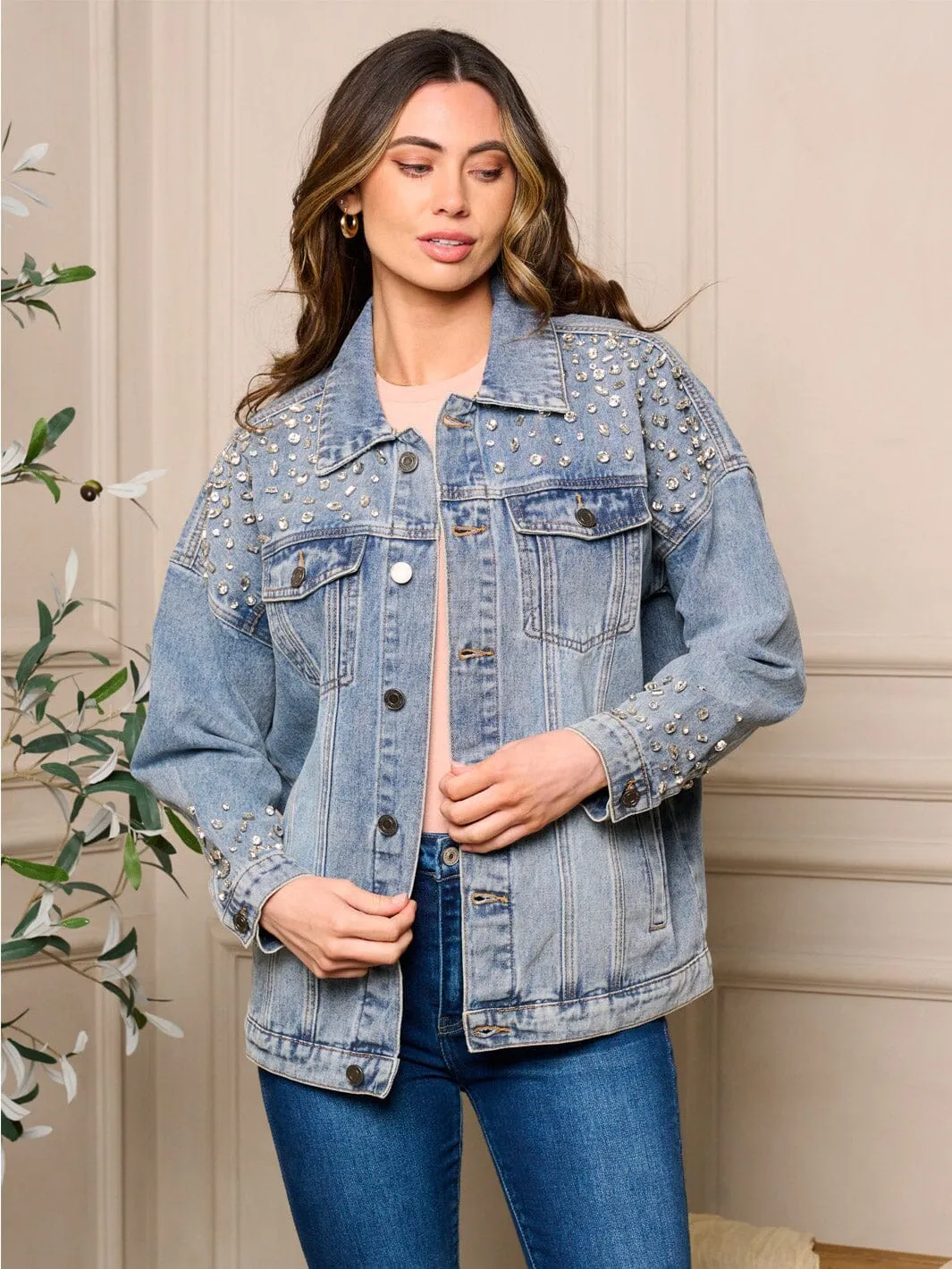 WOMEN'S LONG SLEEVE POCKETS BUTTON CLOSURE STUDS DENIM JACKET
