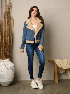WOMEN'S LONG SLEEVE ZIP UP SHERPA DENIM JACKET