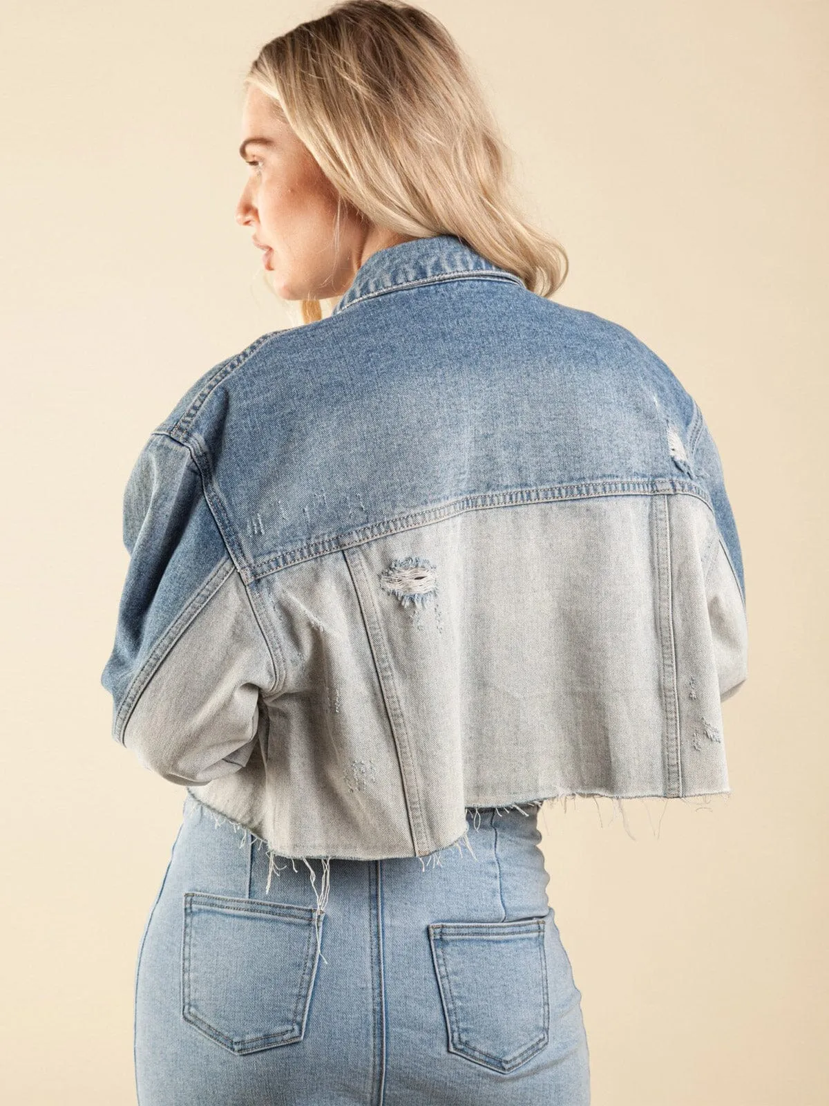 WOMEN'S LONG SLEEVES POCKETS BUTTON UP COLORBLOCK DENIM JACKET