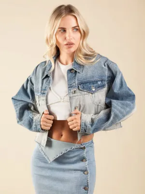 WOMEN'S LONG SLEEVES POCKETS BUTTON UP COLORBLOCK DENIM JACKET