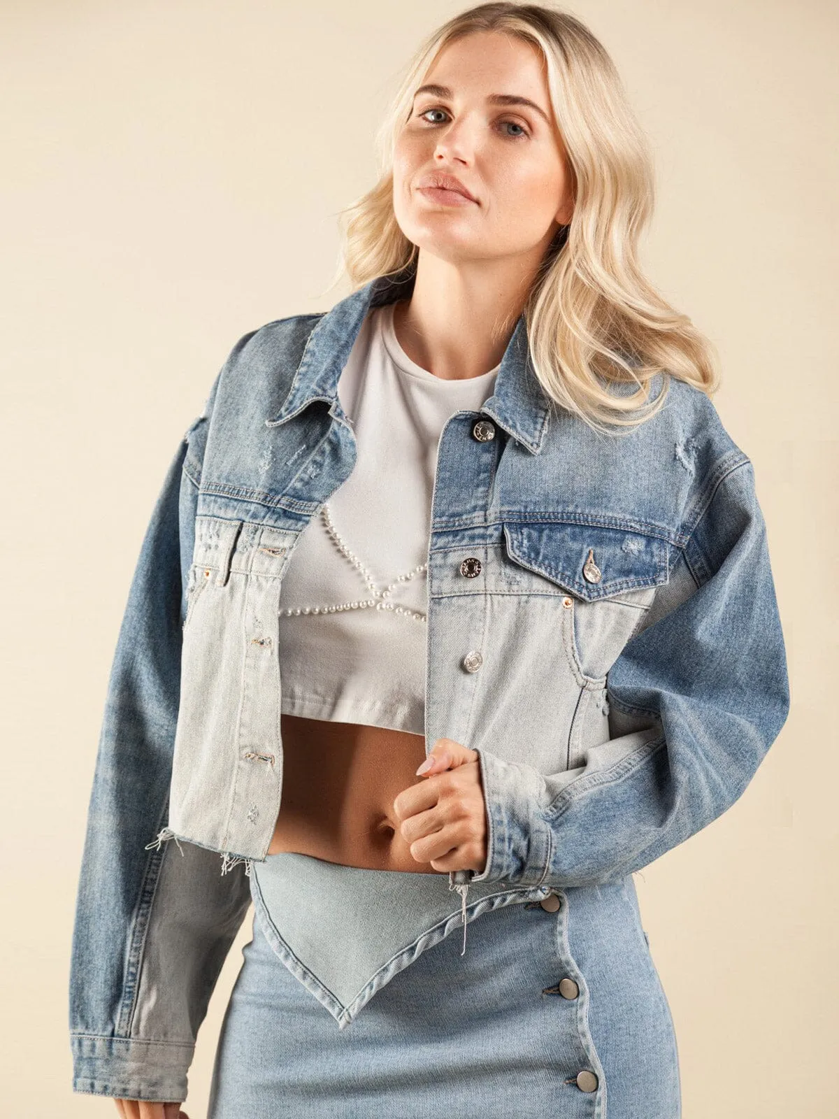 WOMEN'S LONG SLEEVES POCKETS BUTTON UP COLORBLOCK DENIM JACKET