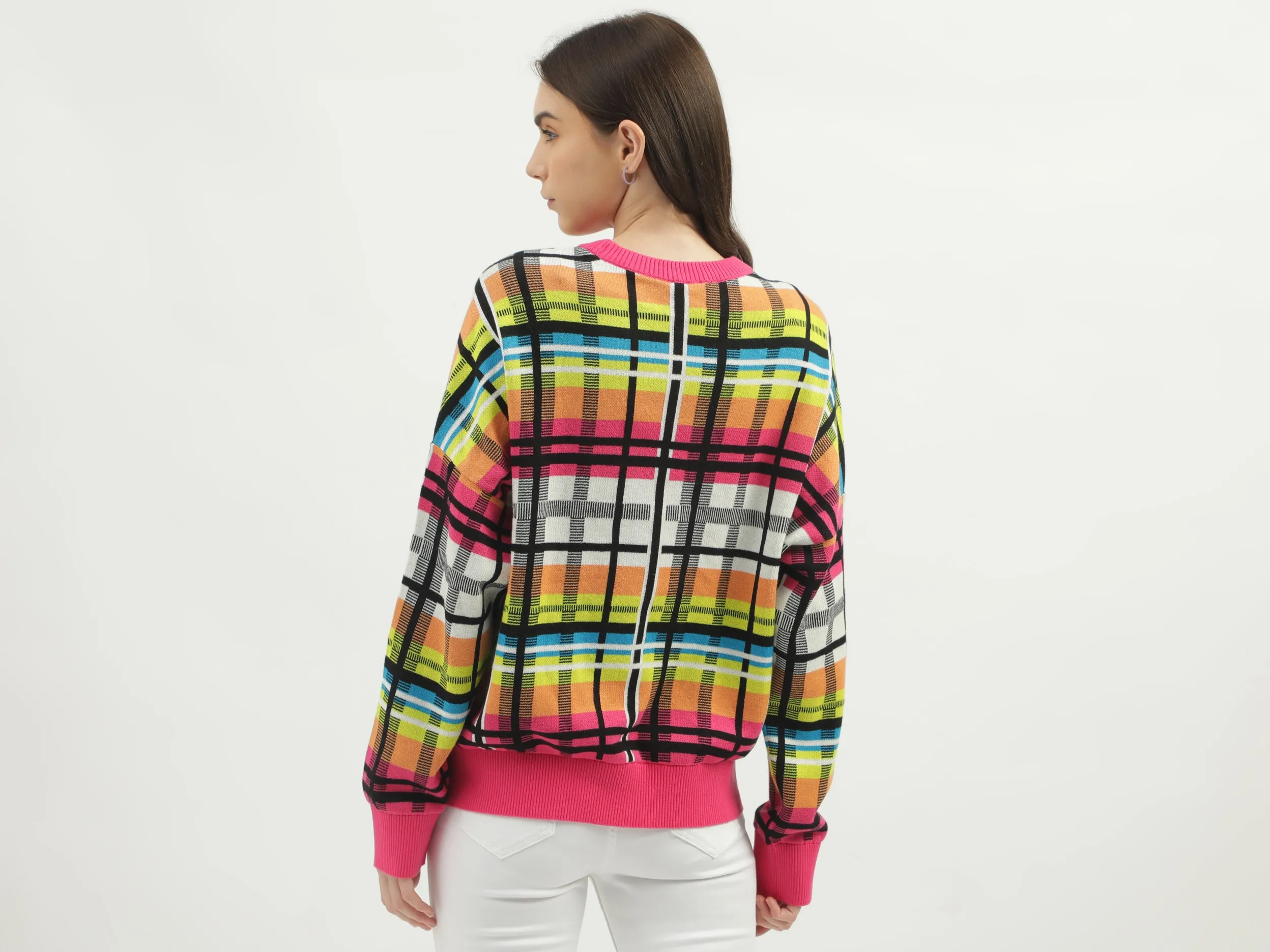 Women's Regular Fit Round Neck Checked Sweaters
