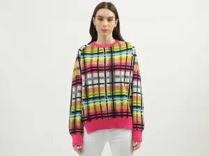 Women's Regular Fit Round Neck Checked Sweaters
