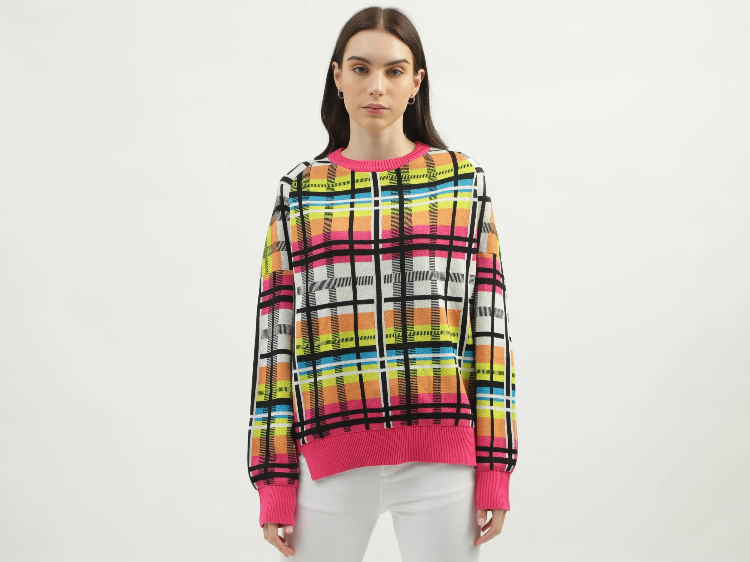 Women's Regular Fit Round Neck Checked Sweaters