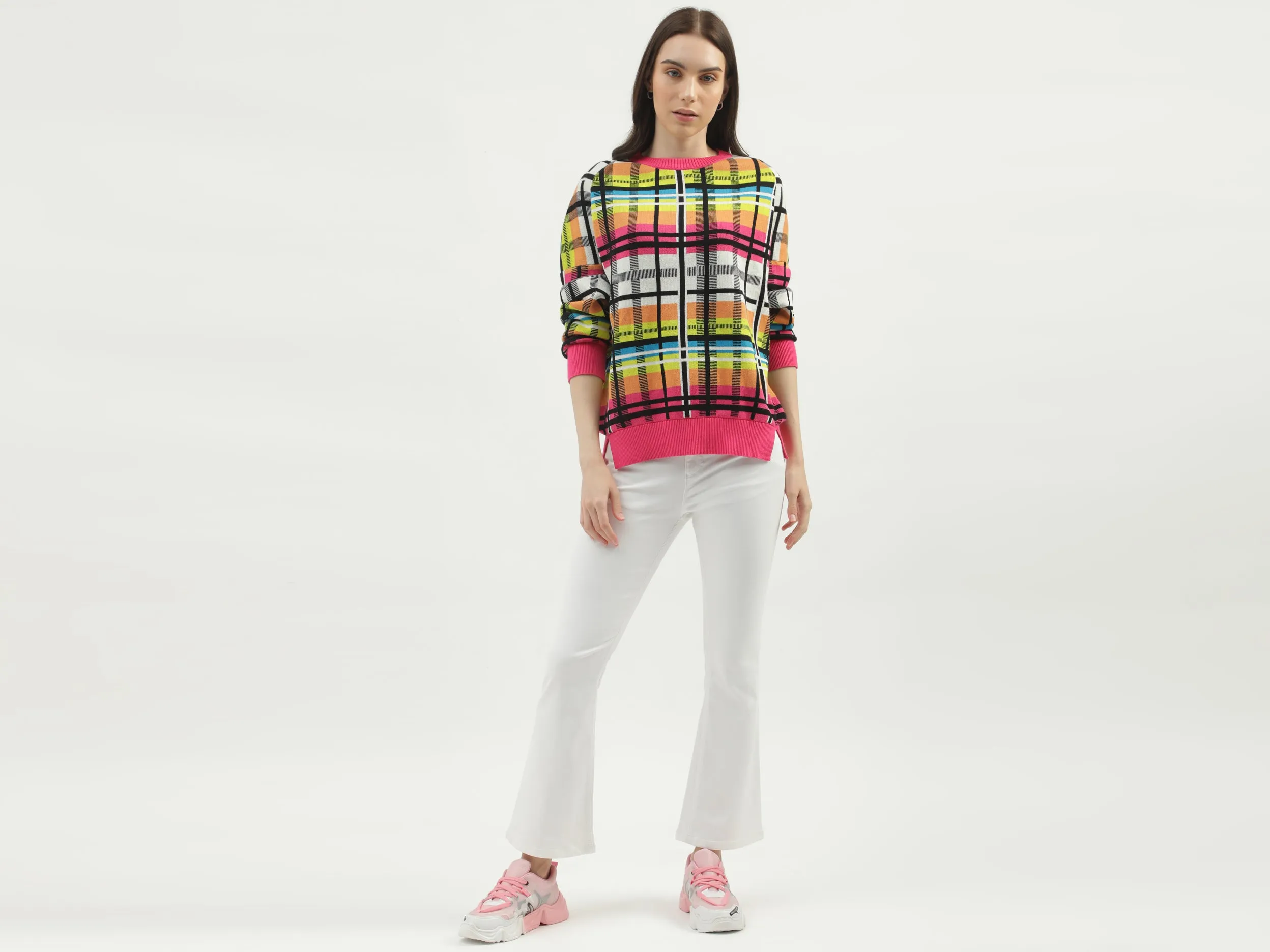 Women's Regular Fit Round Neck Checked Sweaters