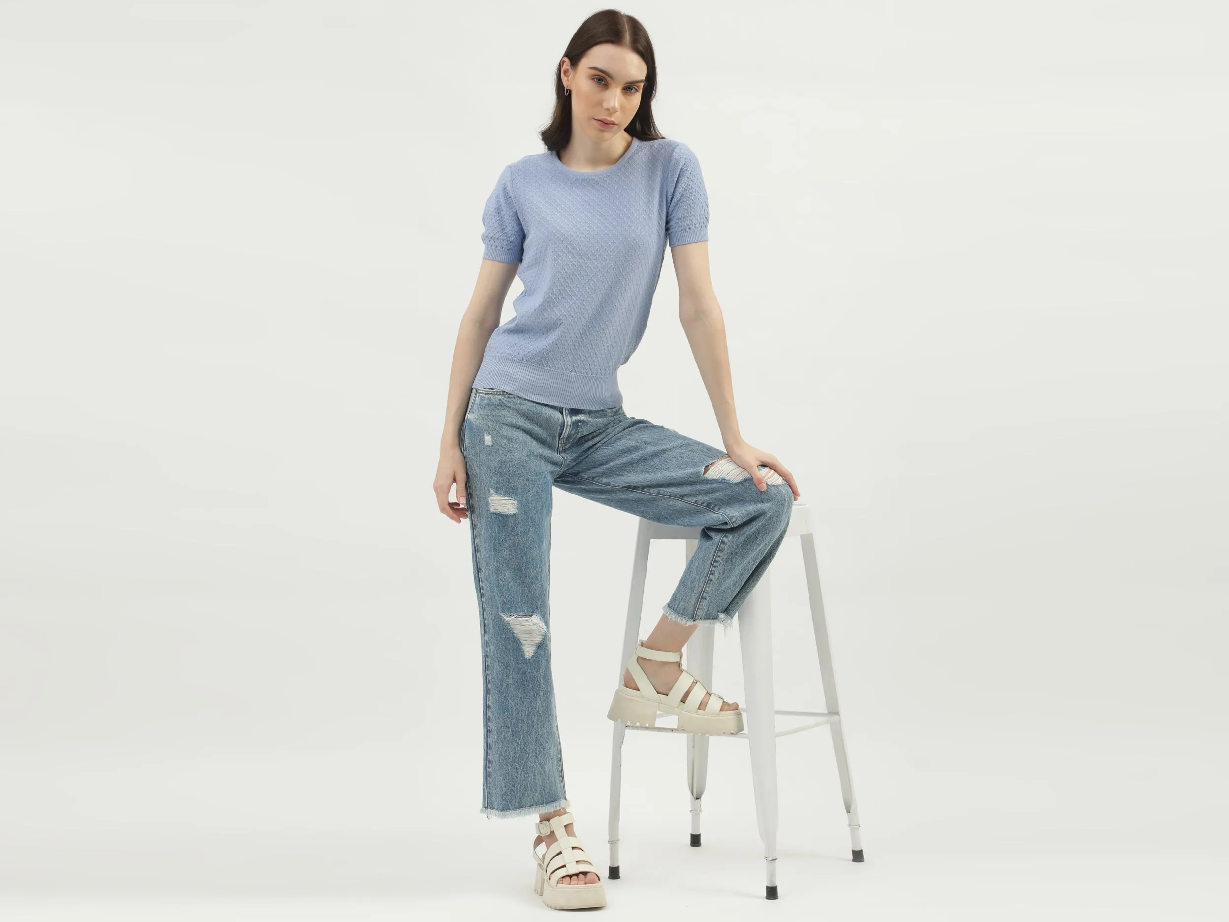 Women's Regular Fit Round Neck Textured Sweaters