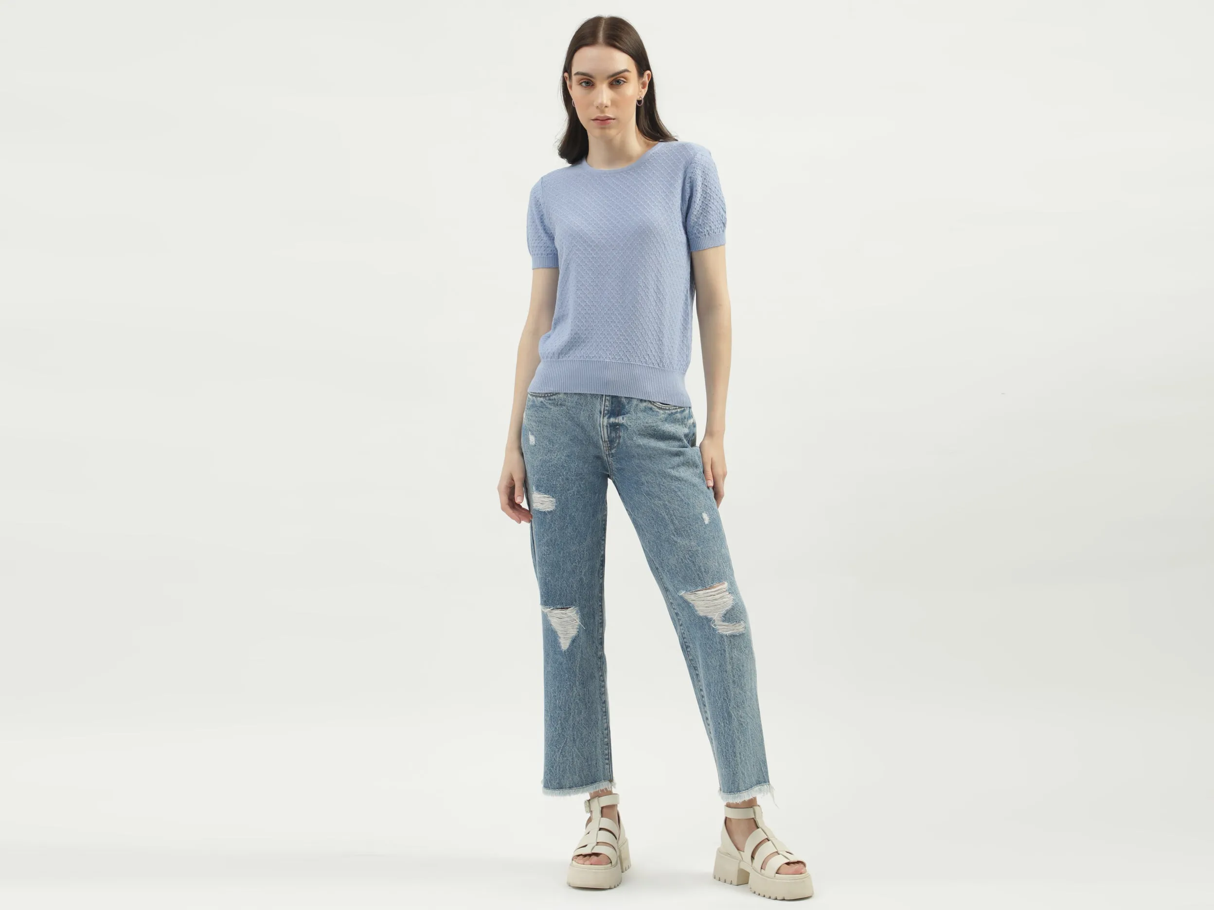 Women's Regular Fit Round Neck Textured Sweaters