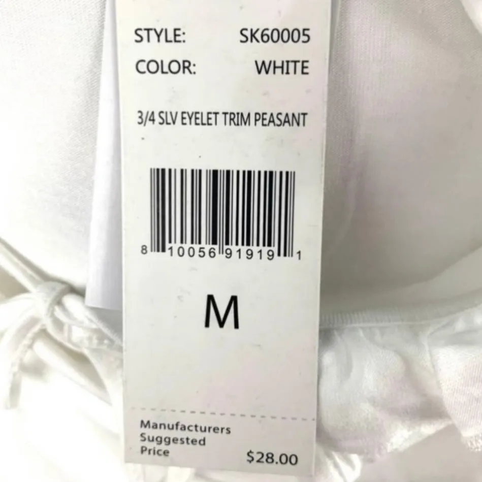 Women's Ruffled Eyelet 3/4 Sleeve Top White Blouses