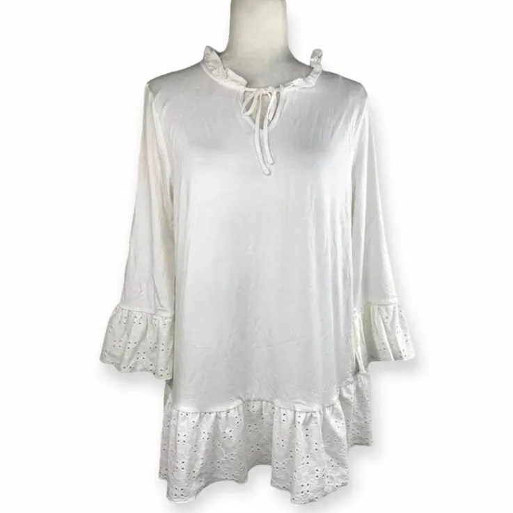 Women's Ruffled Eyelet 3/4 Sleeve Top White Blouses
