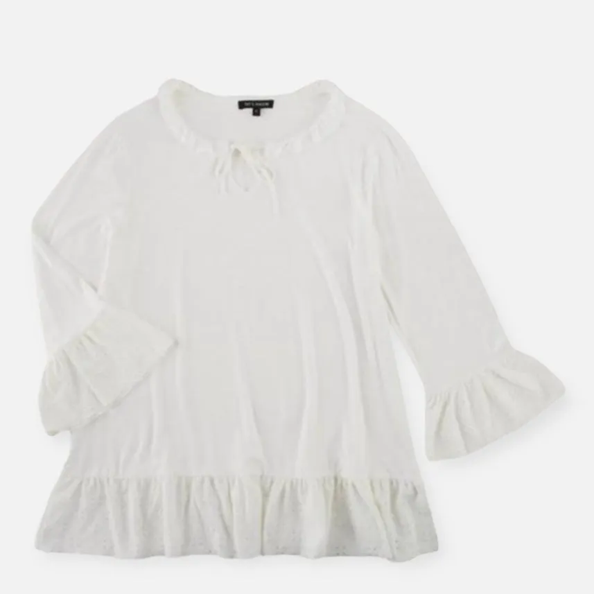 Women's Ruffled Eyelet 3/4 Sleeve Top White Blouses