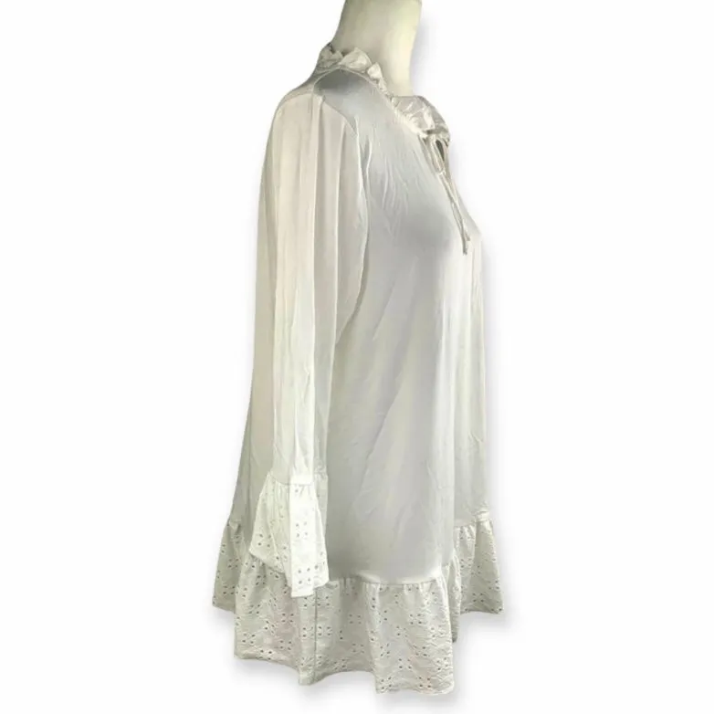 Women's Ruffled Eyelet 3/4 Sleeve Top White Blouses