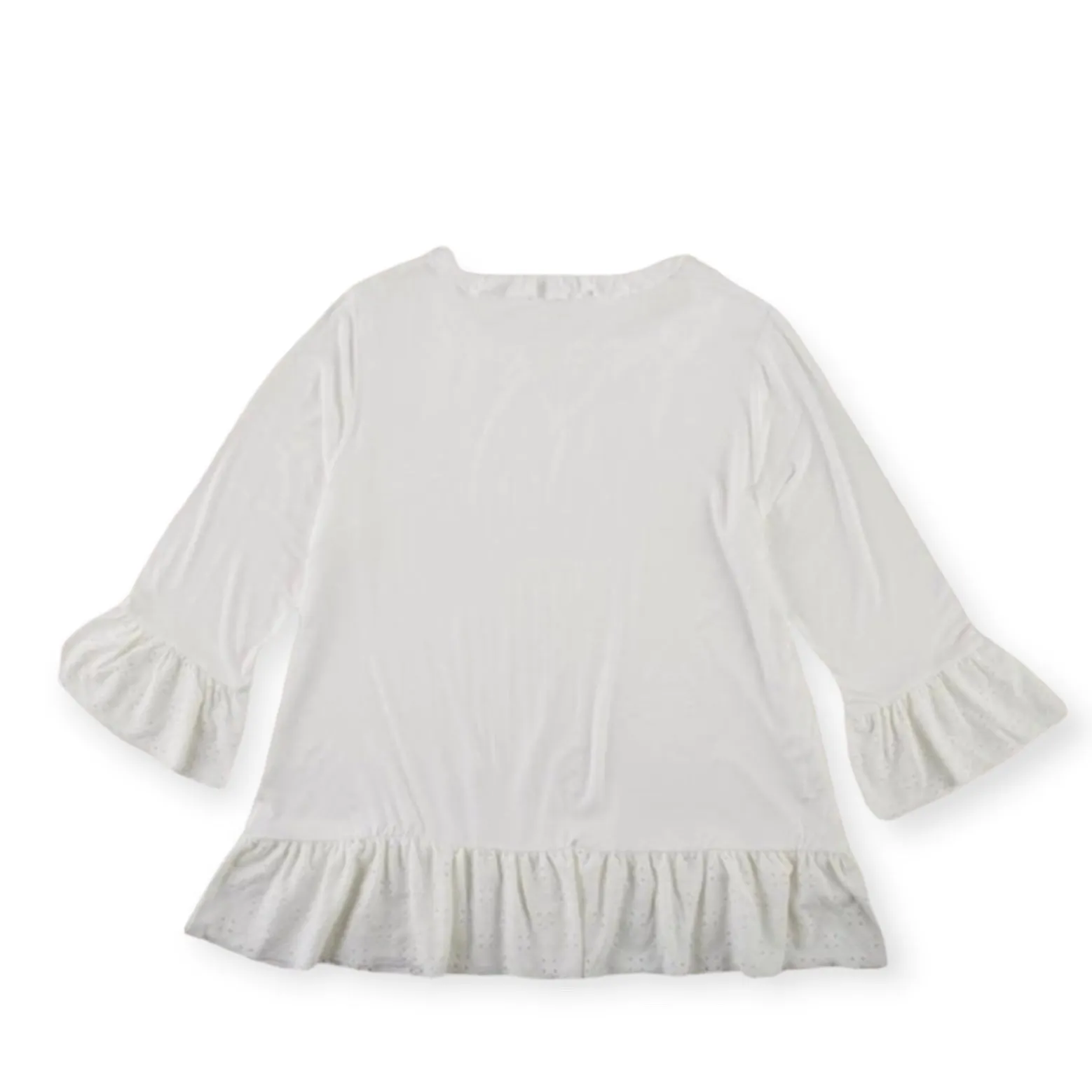 Women's Ruffled Eyelet 3/4 Sleeve Top White Blouses