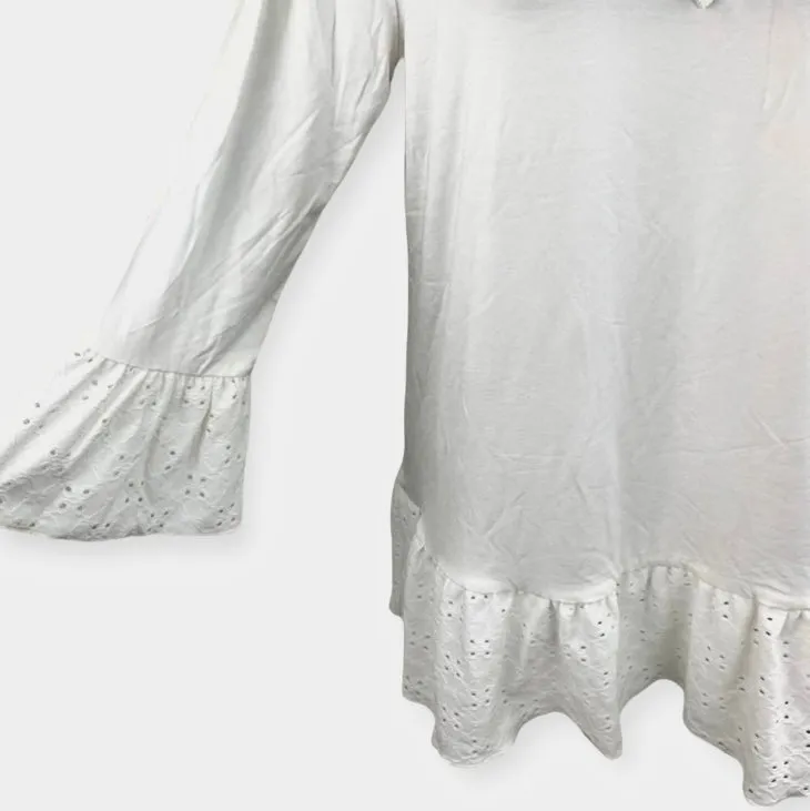Women's Ruffled Eyelet 3/4 Sleeve Top White Blouses