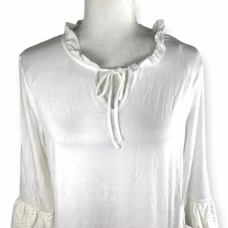 Women's Ruffled Eyelet 3/4 Sleeve Top White Blouses