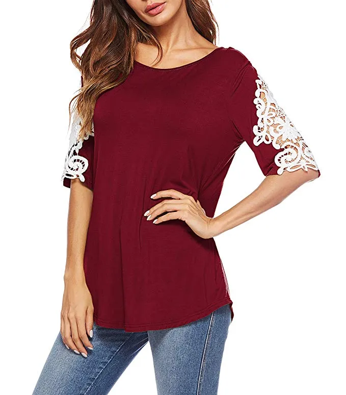 Womens Shirts Casual Tee Round Neck Short Sleeve Lace Loose Fits Tunic Tops Blouses