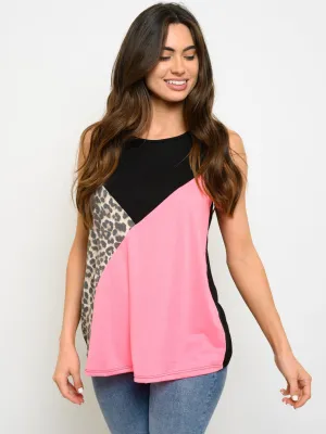 WOMEN'S SLEEVELESS COLORBLOCK ANIMNAL PRINT TOP