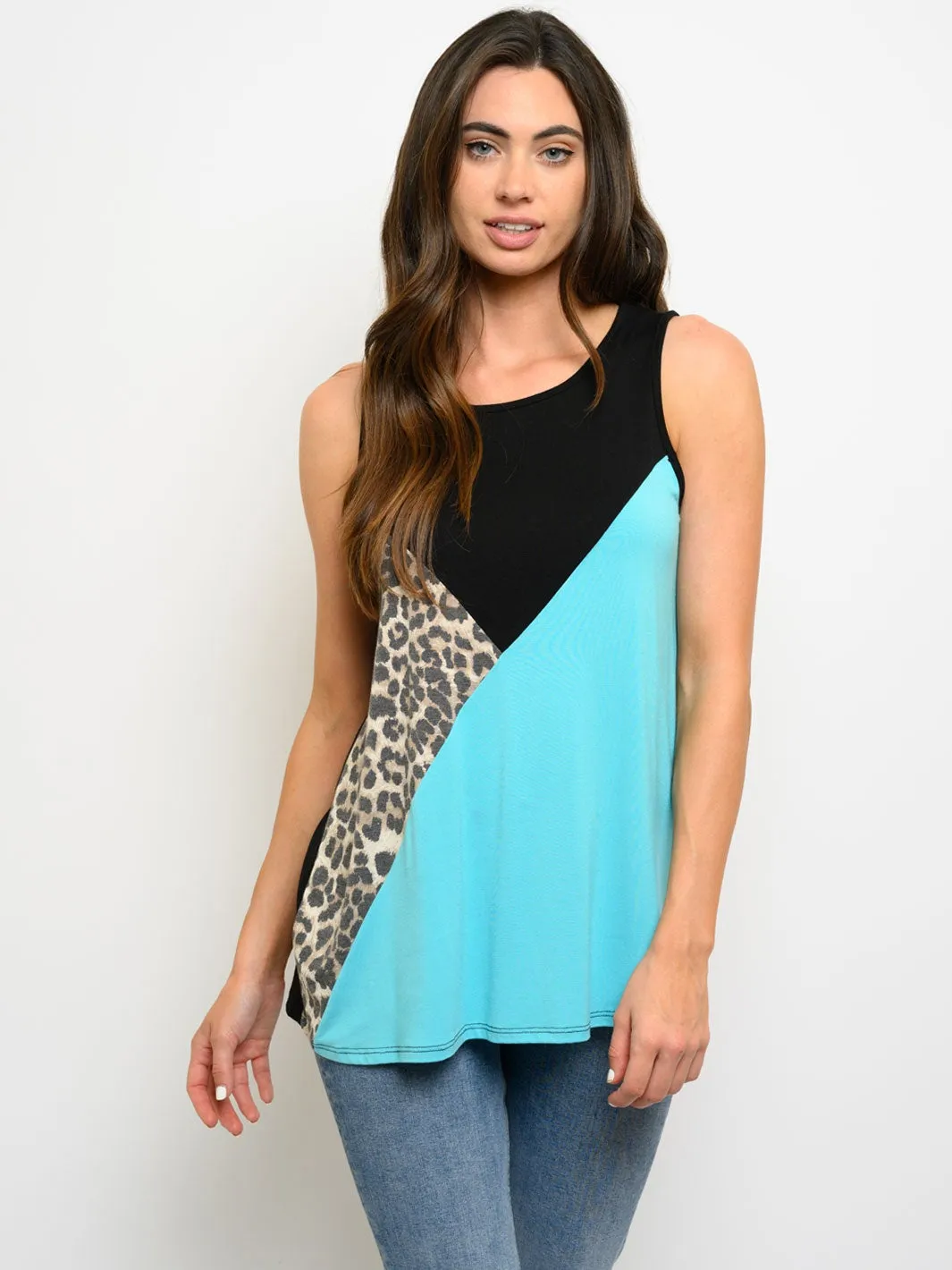 WOMEN'S SLEEVELESS COLORBLOCK ANIMNAL PRINT TOP