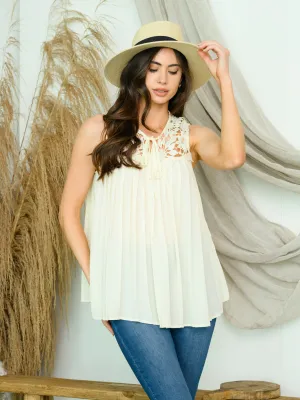 WOMEN'S SLEEVELESS LACE YOLE PLEATED TOP