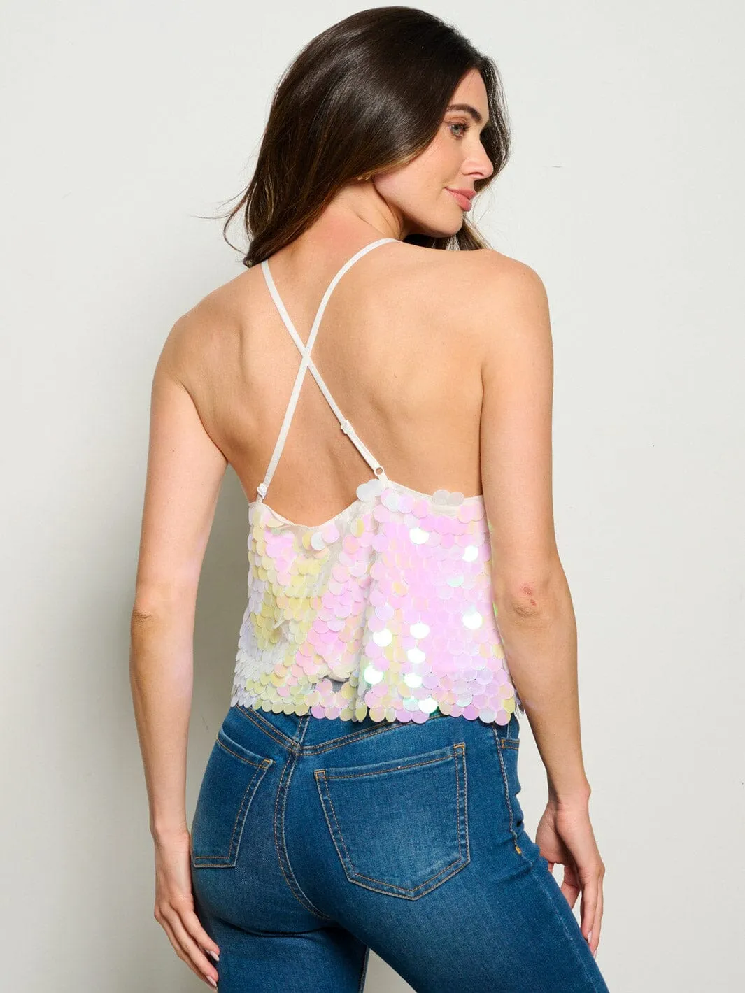 WOMEN'S SLEEVELESS OPEN BACK SEQUINS TANK TOP