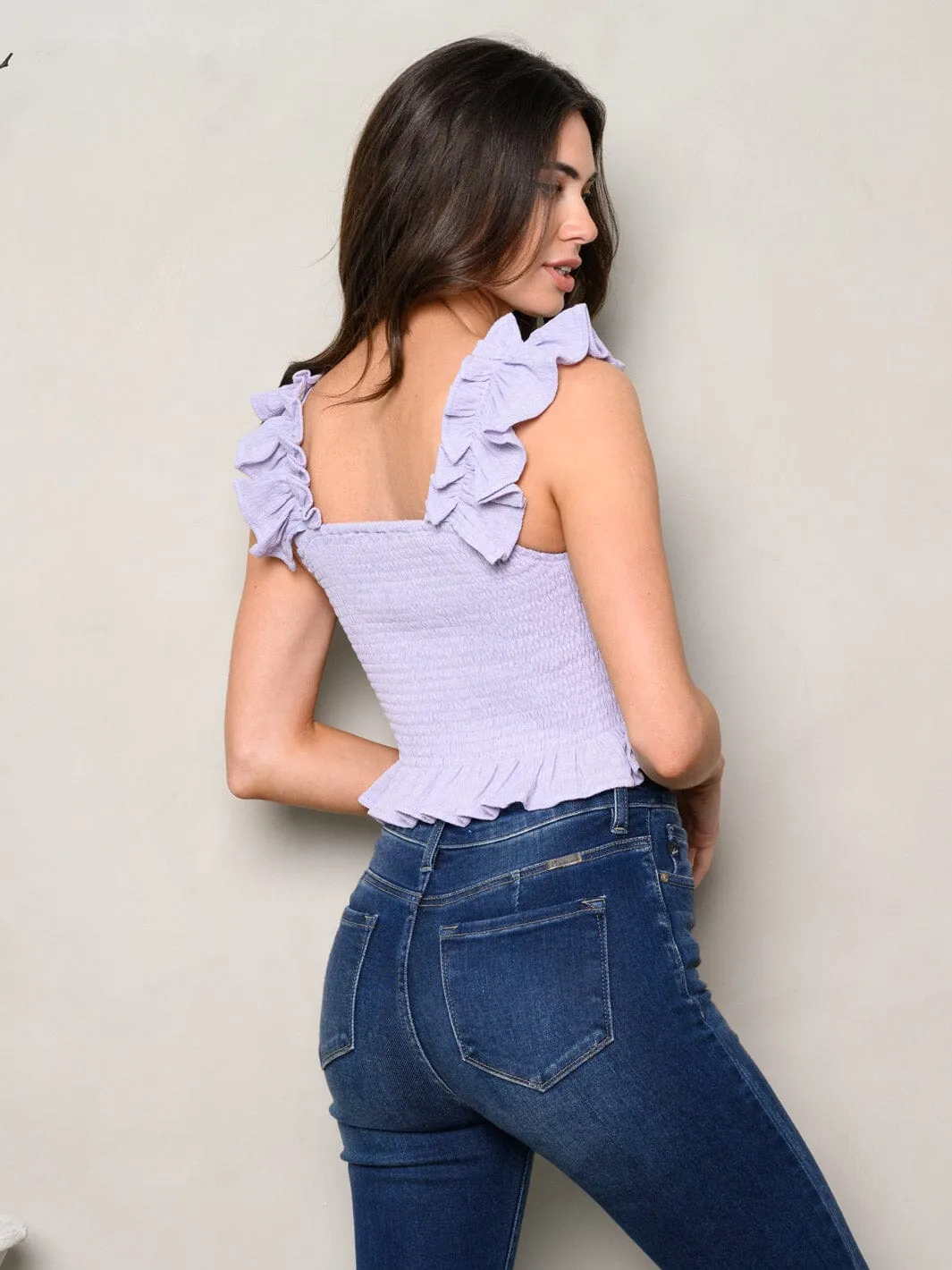 WOMEN'S SLEEVELESS RUFFLE SMOCK TOP