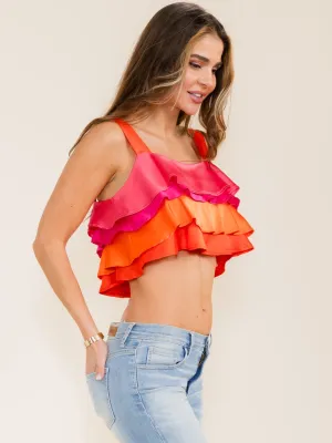 WOMEN'S SLEEVELESS RUFFLE TIERED COLORBLOCK CROP TOP