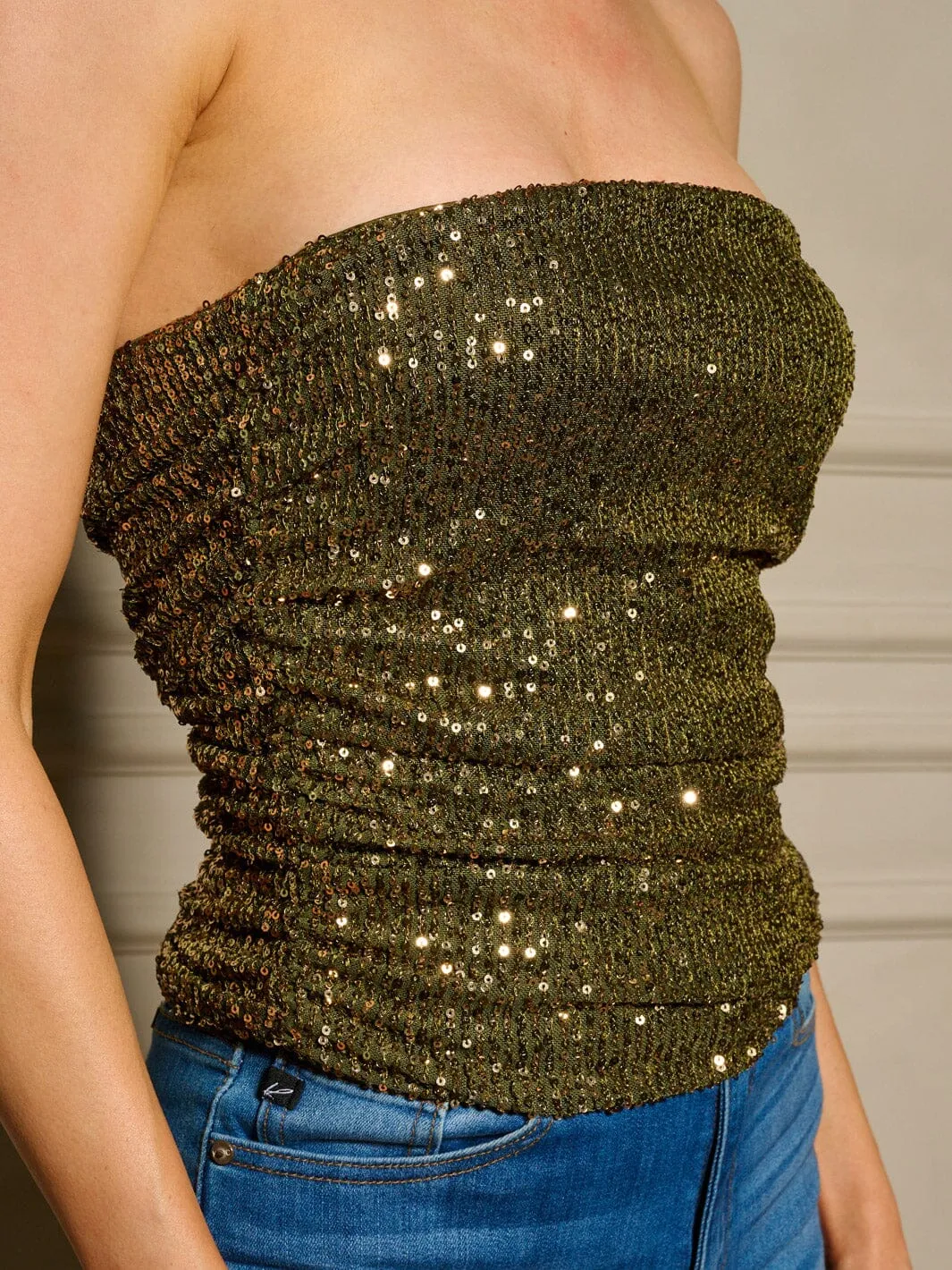 WOMEN'S SLEEVELESS SEQUINS RUCHED TUBE TOP