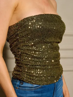 WOMEN'S SLEEVELESS SEQUINS RUCHED TUBE TOP
