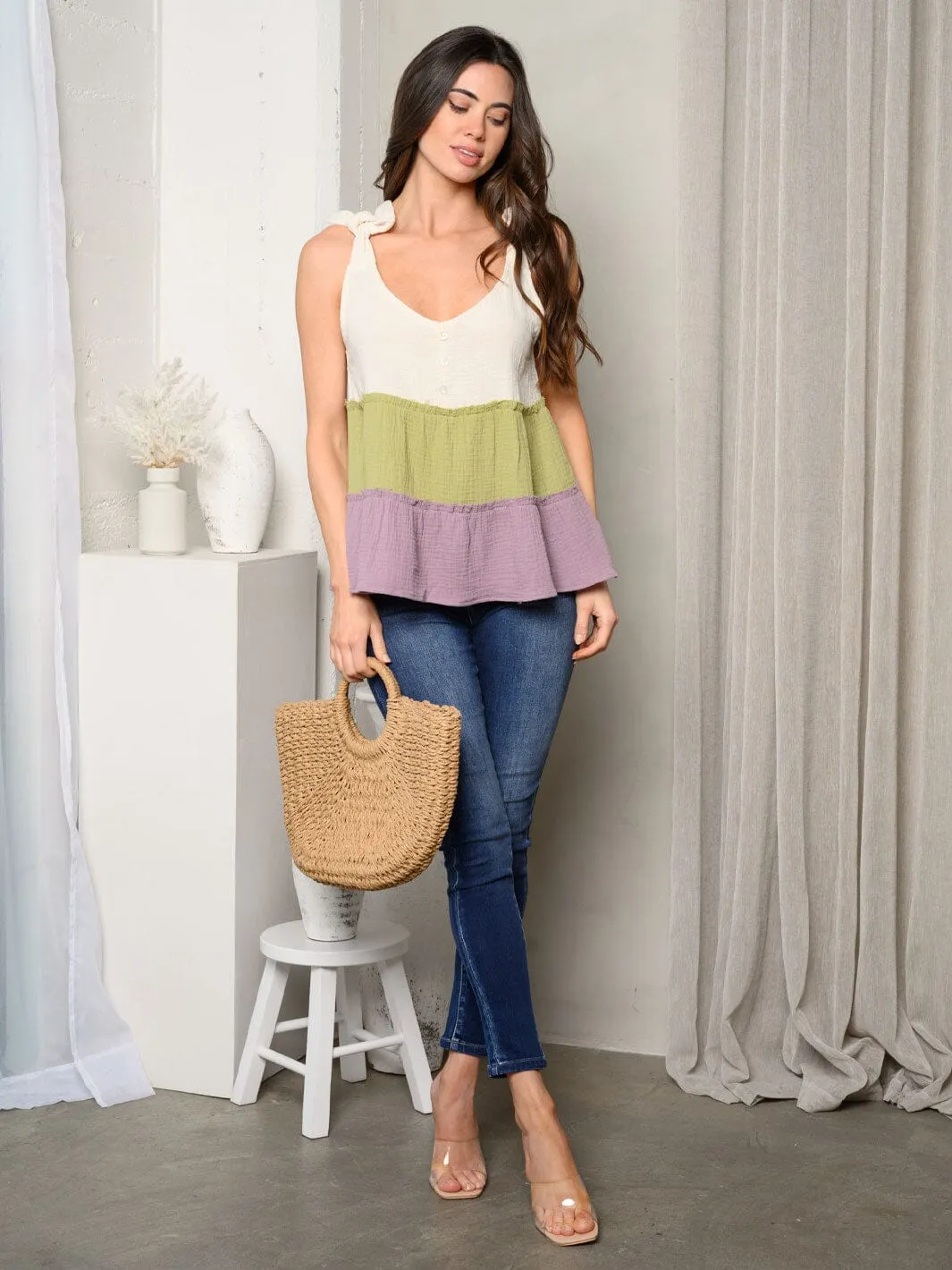 WOMEN'S SLEEVELESS V-NECK COLORBLOCK TANK TOP