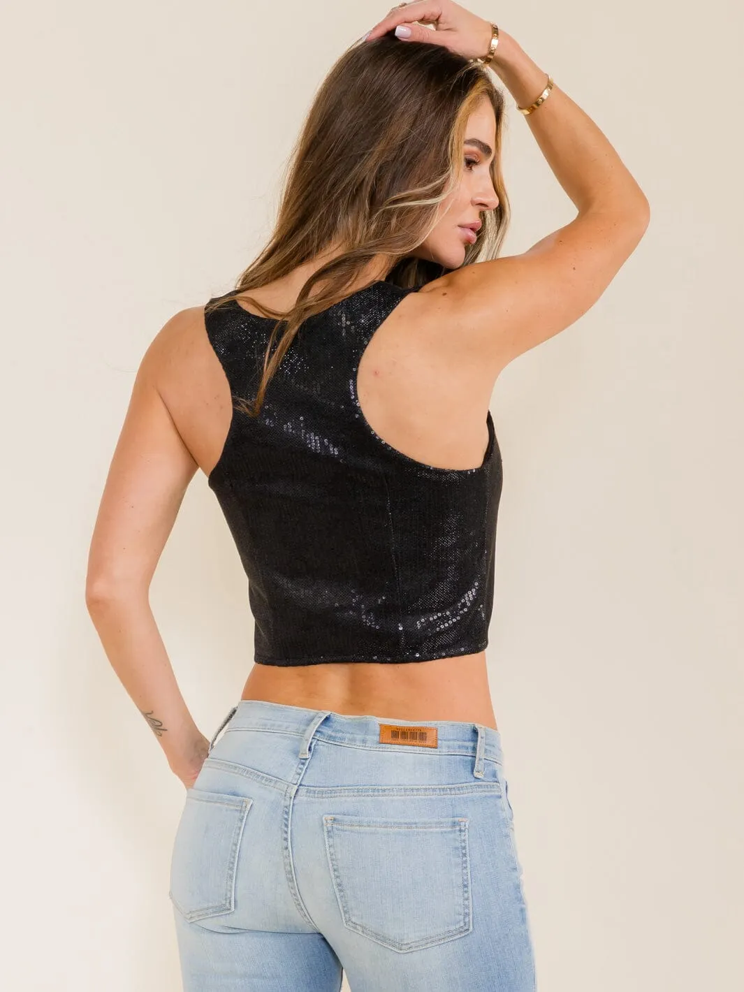 WOMEN'S SLEEVELESS V-NECK SEQUINS CROP TANK TOP