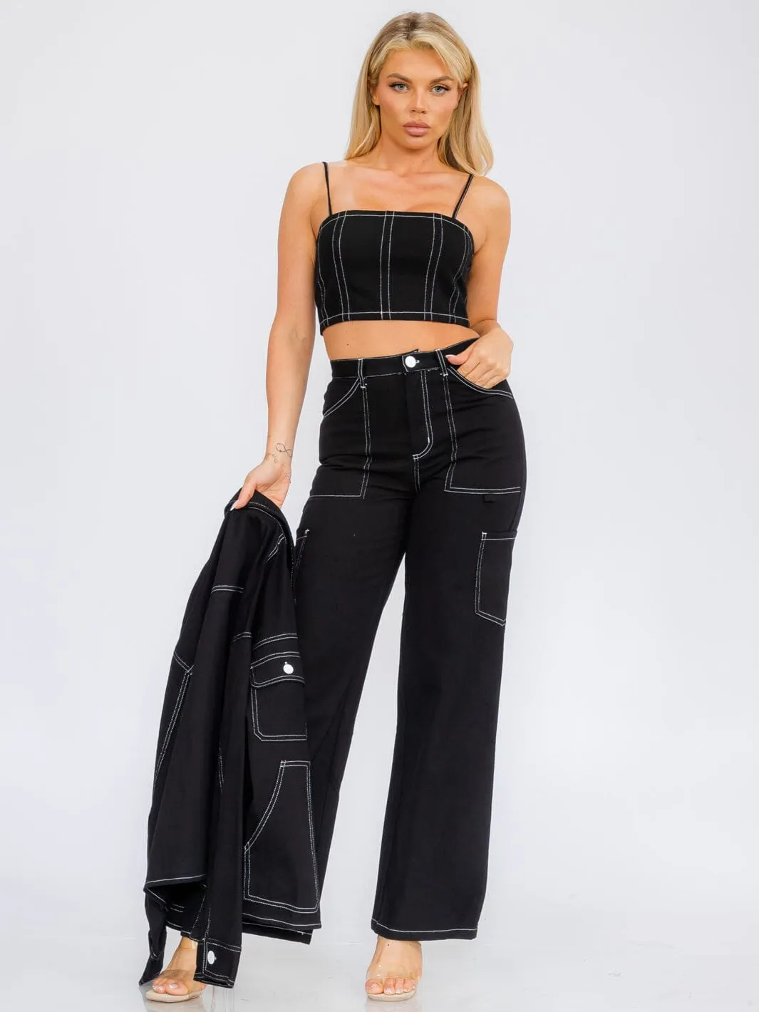 WOMEN'S SLEEVELESS ZIP UP DENIM CROP TOP