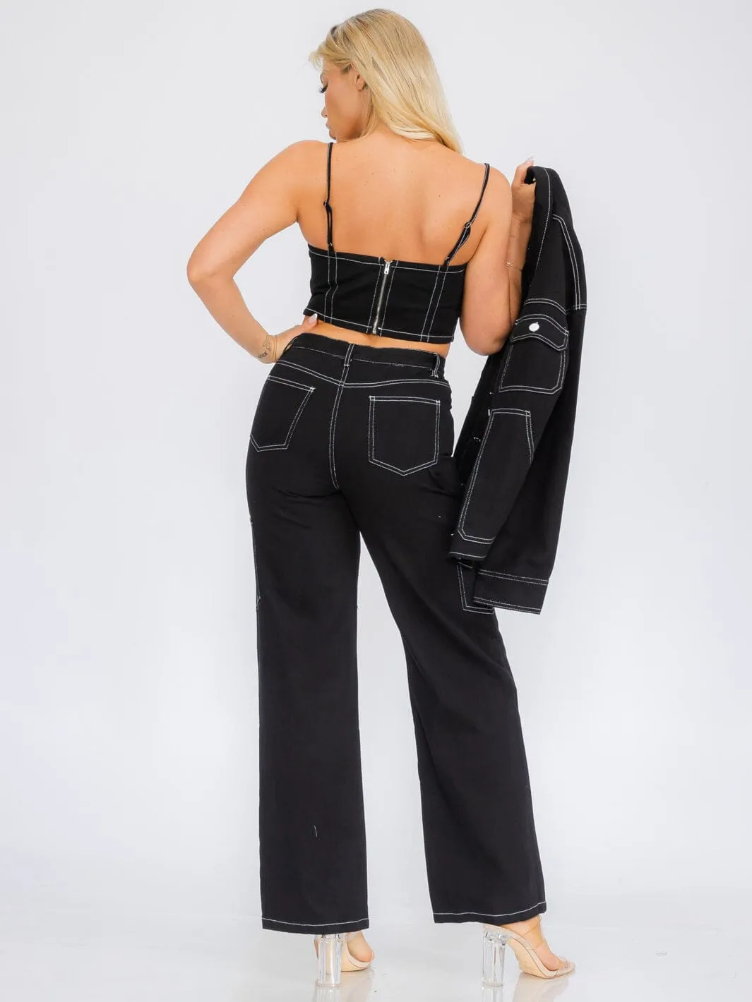 WOMEN'S SLEEVELESS ZIP UP DENIM CROP TOP