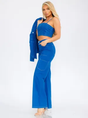 WOMEN'S SLEEVELESS ZIP UP DENIM CROP TOP