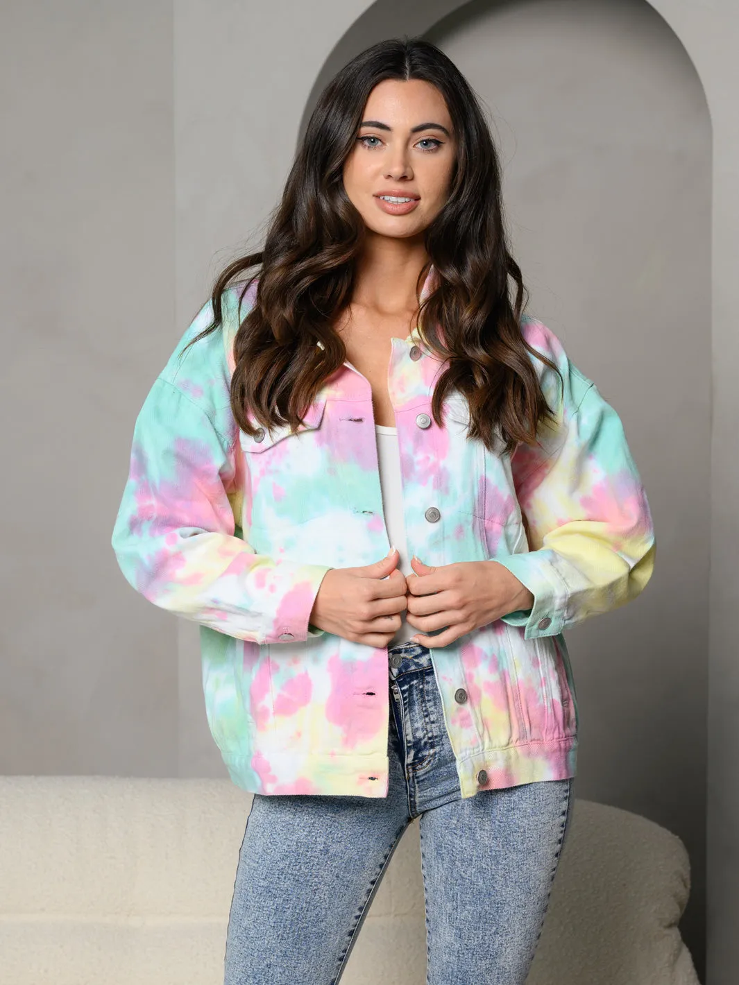 WOMEN'S TIE DYE COLLAR BUTTON DOWN LONG SLEEVE DENIM JACKET