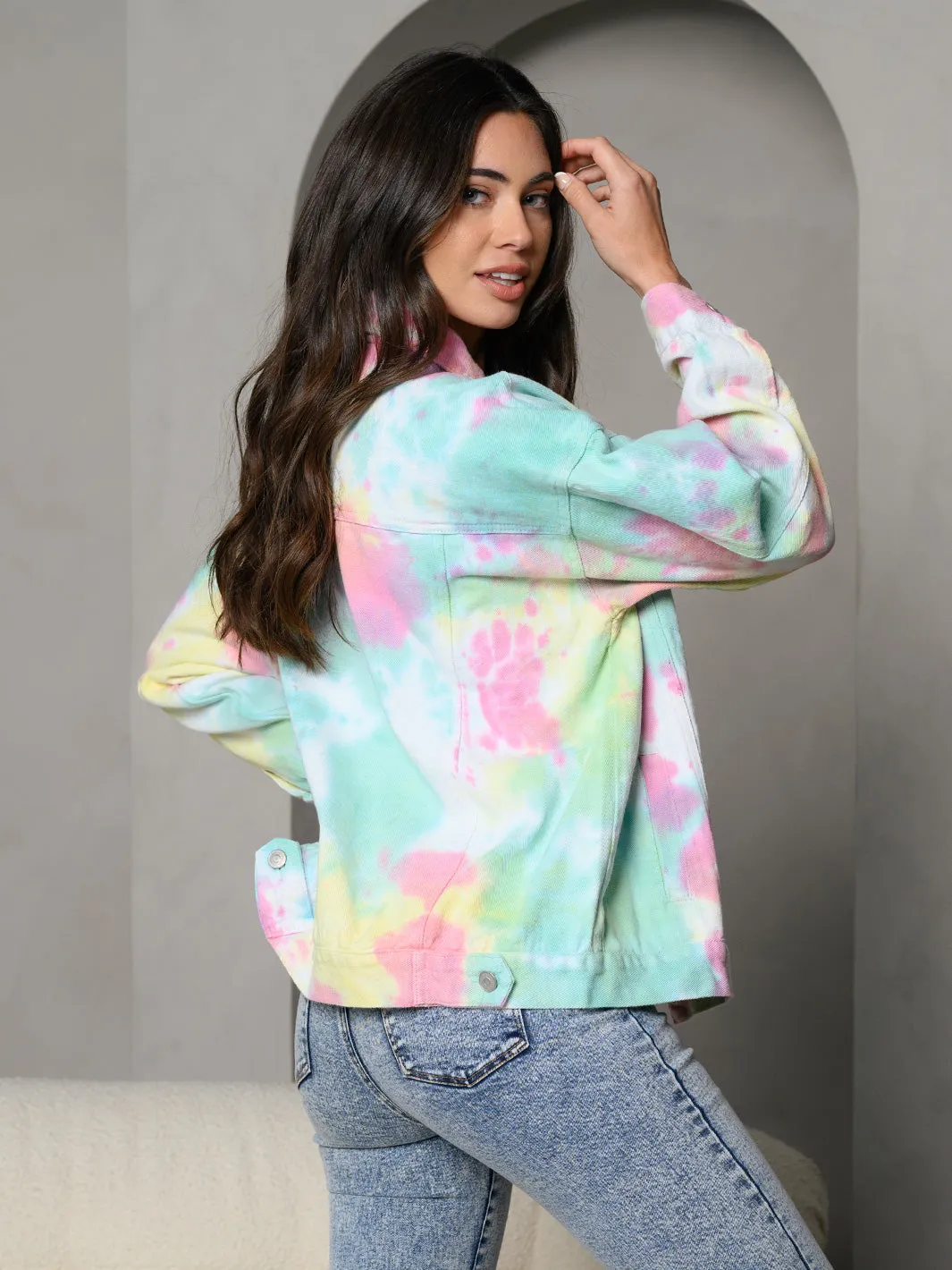 WOMEN'S TIE DYE COLLAR BUTTON DOWN LONG SLEEVE DENIM JACKET