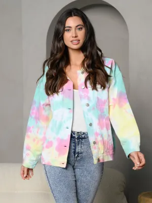 WOMEN'S TIE DYE COLLAR BUTTON DOWN LONG SLEEVE DENIM JACKET