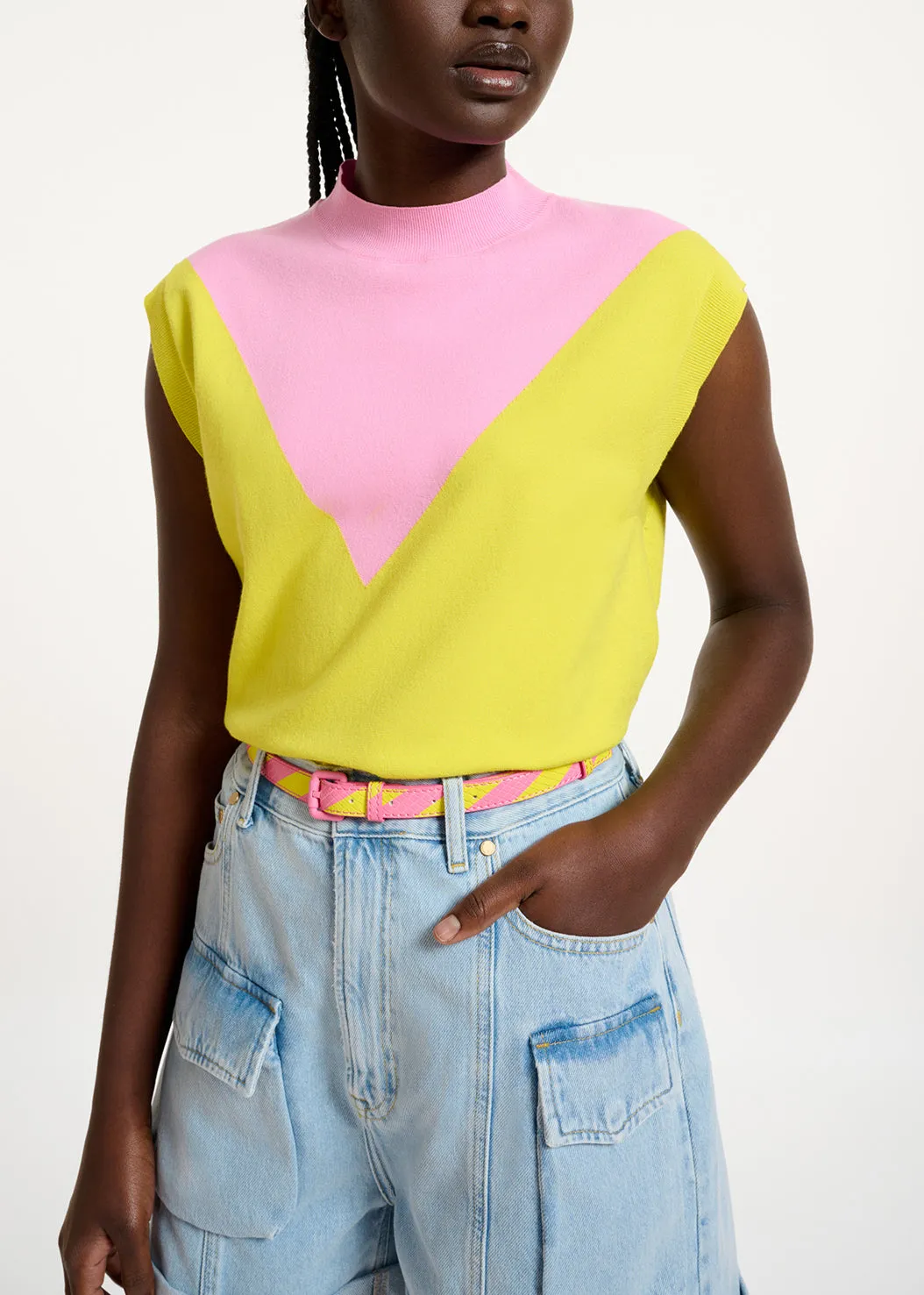 Yellow and pink knitted sleeveless top
