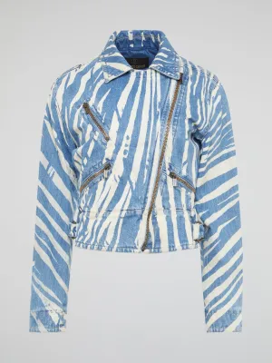 Zebra Print Denim Biker Jacket